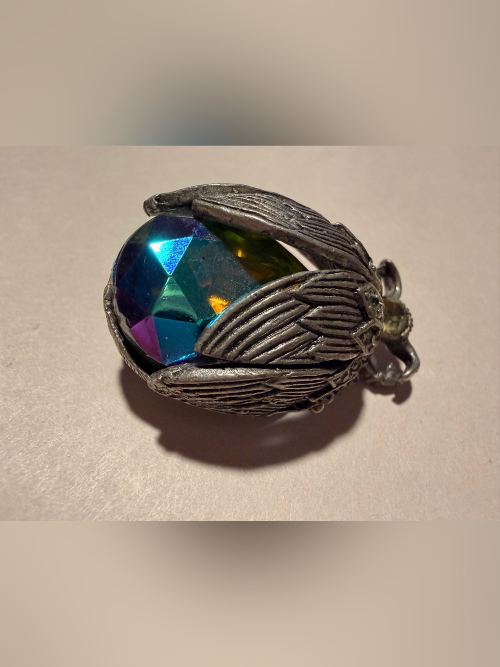 Vintage Mali iridescent beetle brooch piece from the late 1980s and 1990s
